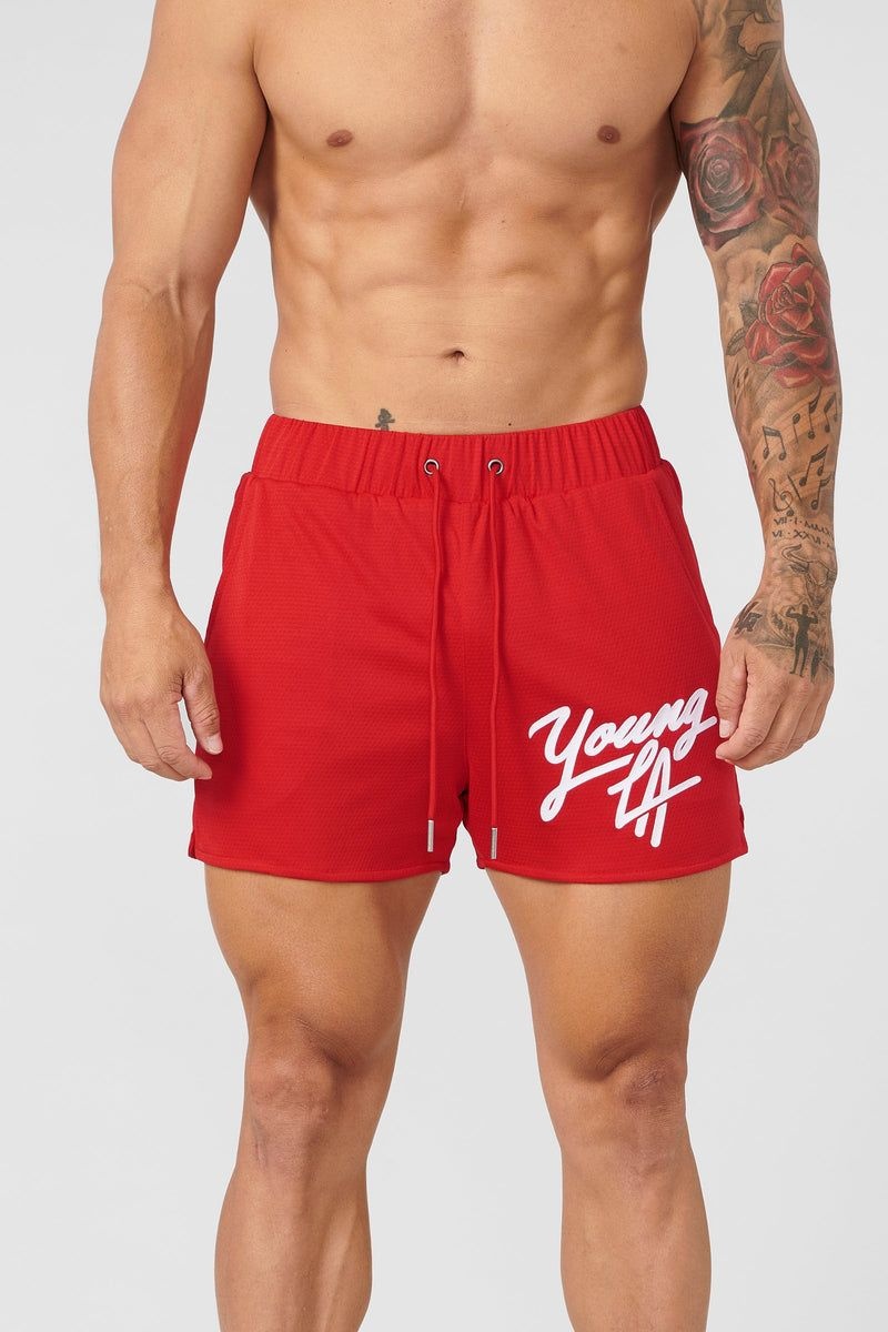 Men\'s YoungLA Gym 104 Legacy Shorts Shorts Red | JK2849-730 USA