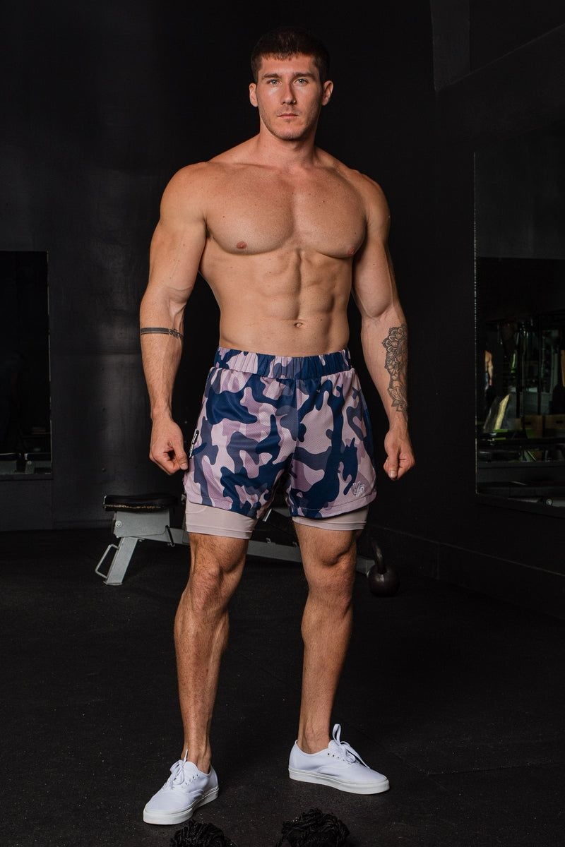 Men's YoungLA Gym 105 Compression Shorts 2.0 Shorts Grey Camo / White | VL8103-569 USA