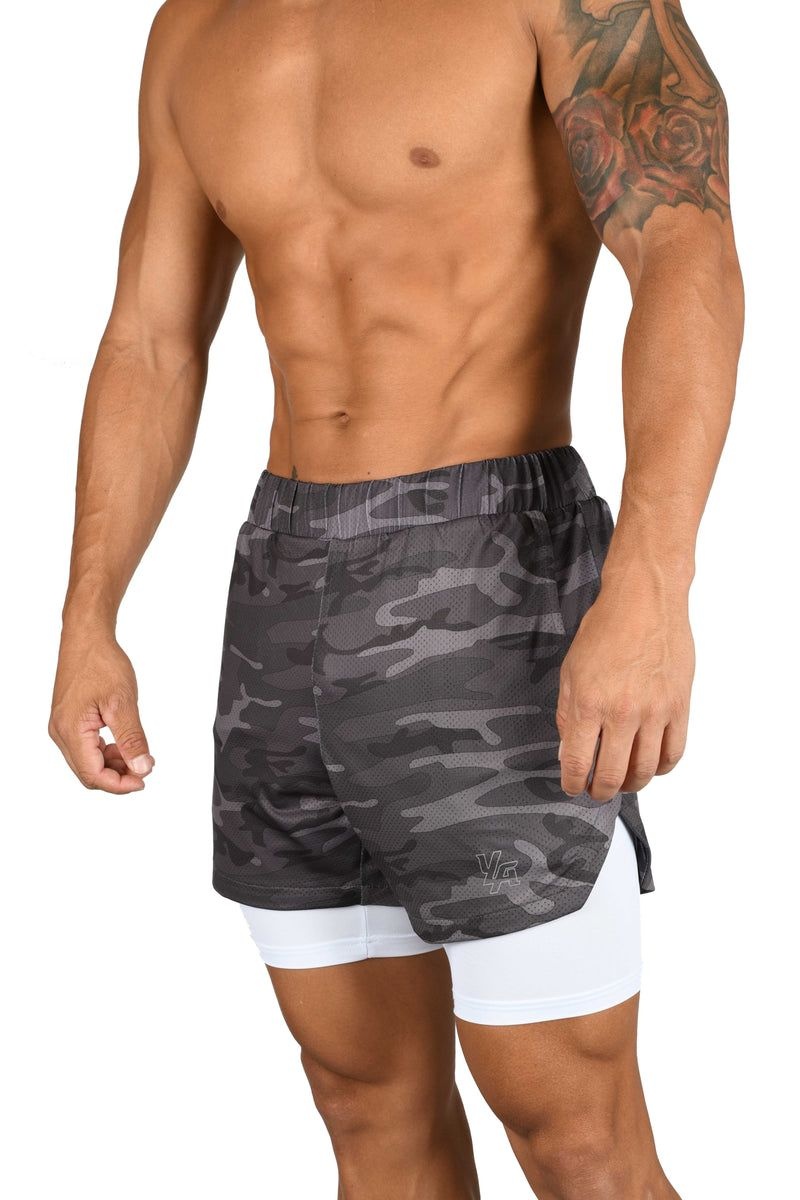 Men\'s YoungLA Gym 105 Compression Shorts 2.0 Shorts Grey Camo / White | VL8103-569 USA