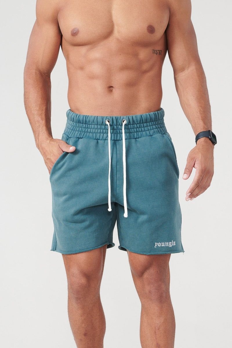 Men\'s YoungLA Gym 110 San Diego Terry Shorts Shorts Teal Wash | WK8914-527 USA