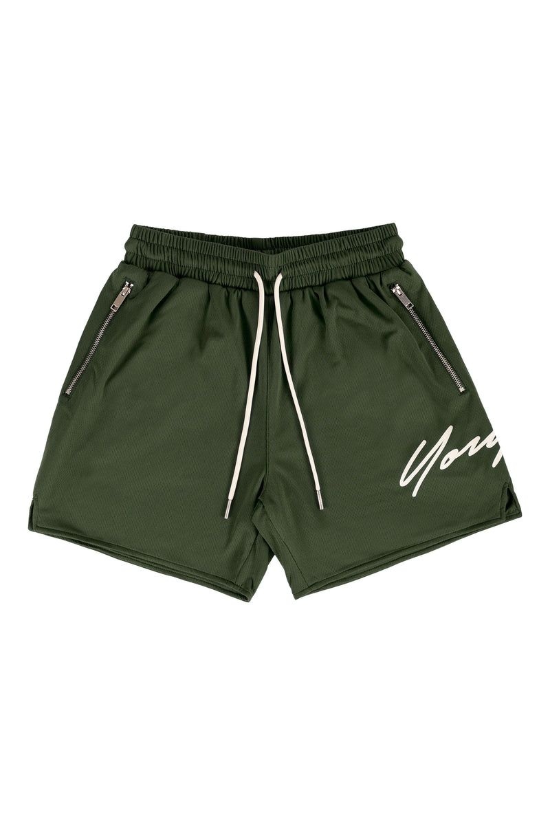 Men\'s YoungLA Gym 115 Signature Shorts Shorts Olive | KQ4912-873 USA