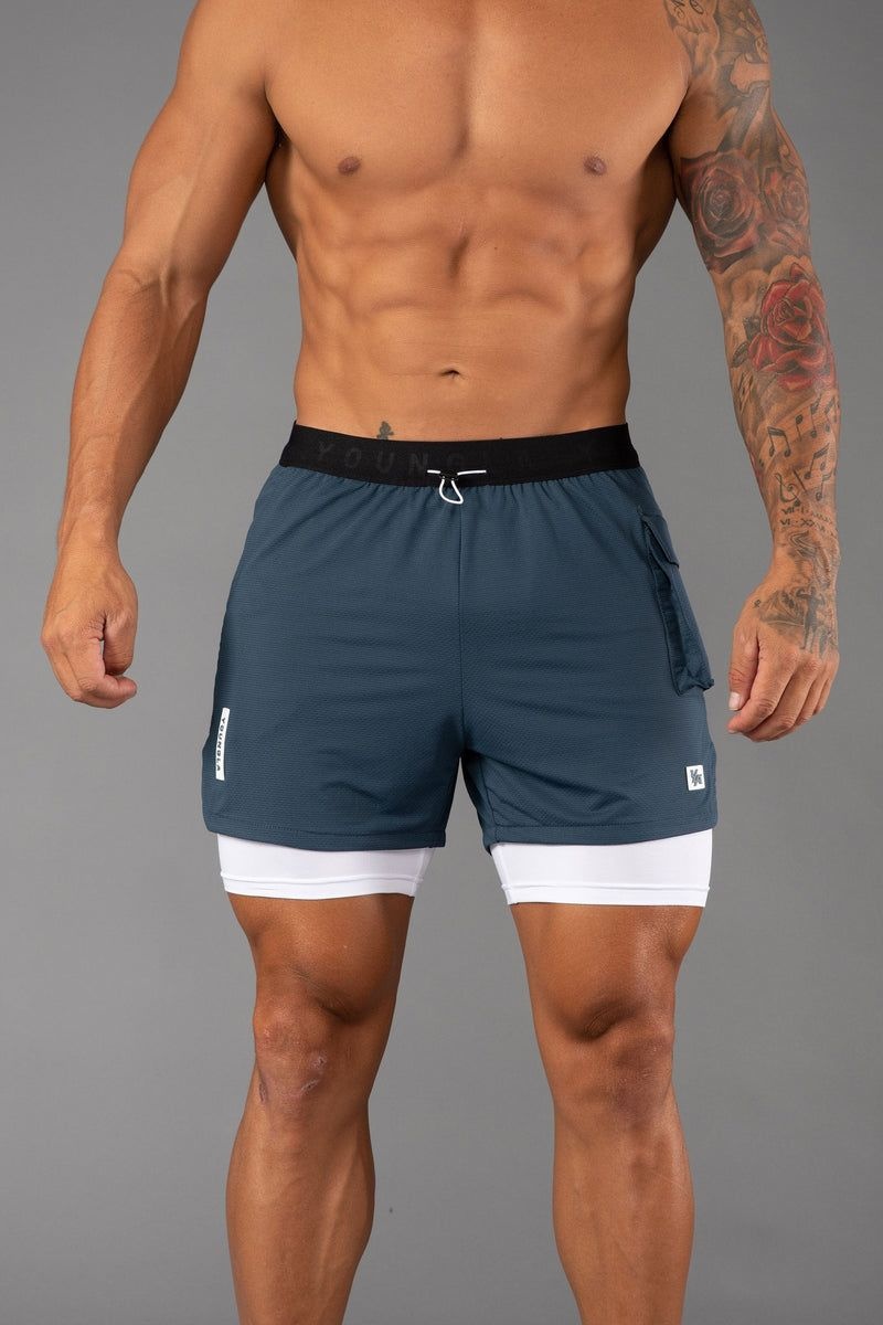 Men\'s YoungLA Gym 121 Performance Line Compression Shorts Shorts Slate Blue | PL0567-182 USA