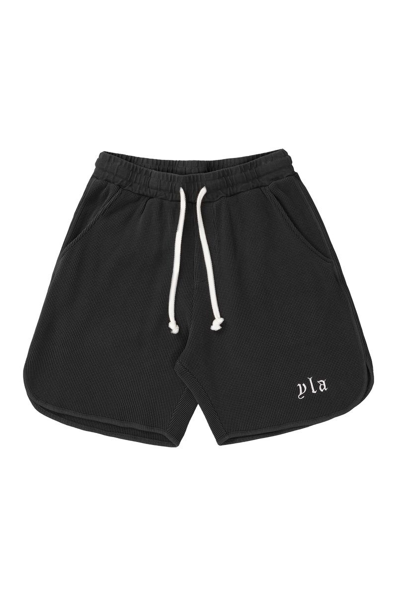 Men's YoungLA Gym 127 Summer Waffle Shorts Shorts Black | PW0867-249 USA