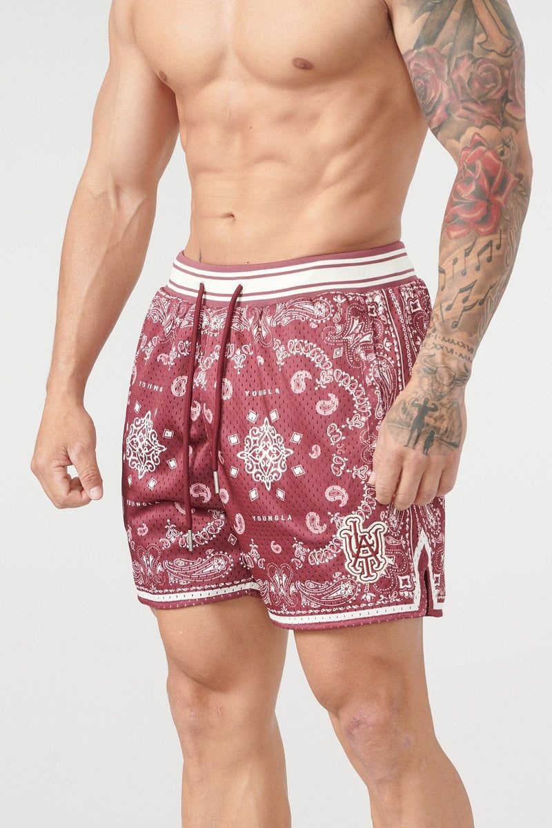 Men\'s YoungLA Gym 132 Infamous Bandana Shorts Shorts Burgundy | MR1675-409 USA