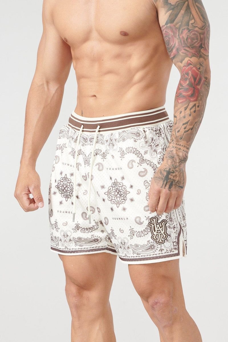 Men\'s YoungLA Gym 132 Infamous Bandana Shorts Shorts Chocolate | XT2796-530 USA