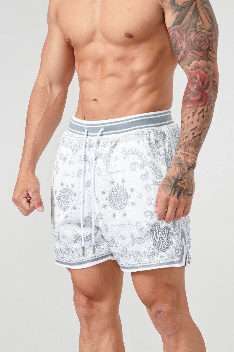 Men\'s YoungLA Gym 132 Infamous Bandana Shorts Shorts Grey | RF7620-489 USA