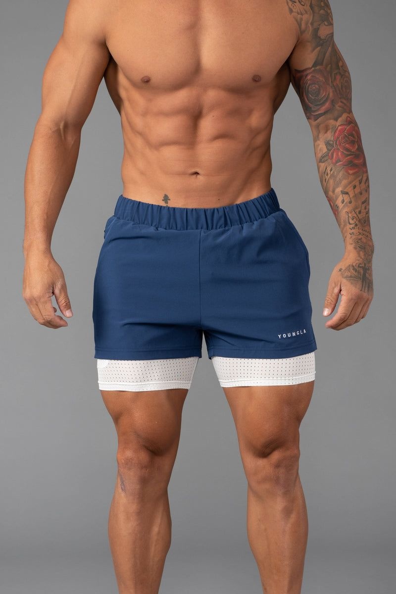 Men\'s YoungLA Gym 144 Peak Velocity Compression Shorts Shorts Navy | VP2715-380 USA