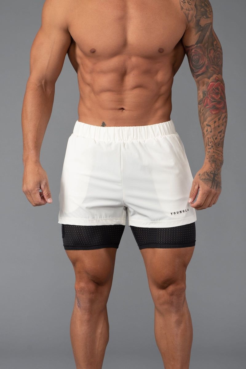 Men\'s YoungLA Gym 144 Peak Velocity Compression Shorts Shorts Off-White | GP2780-913 USA