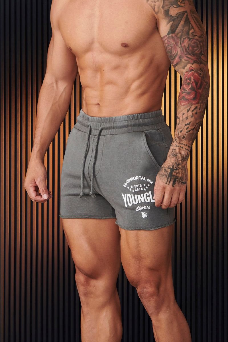 Men\'s YoungLA Gym 152 Immortal Shorts Shorts Grey Wash | LZ0672-354 USA