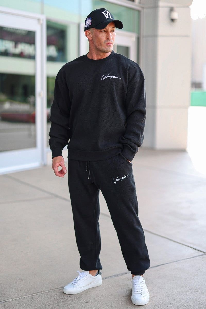 Men's YoungLA Gym 207 Cozy Thermal Joggers Joggers Black | SL6580-432 USA