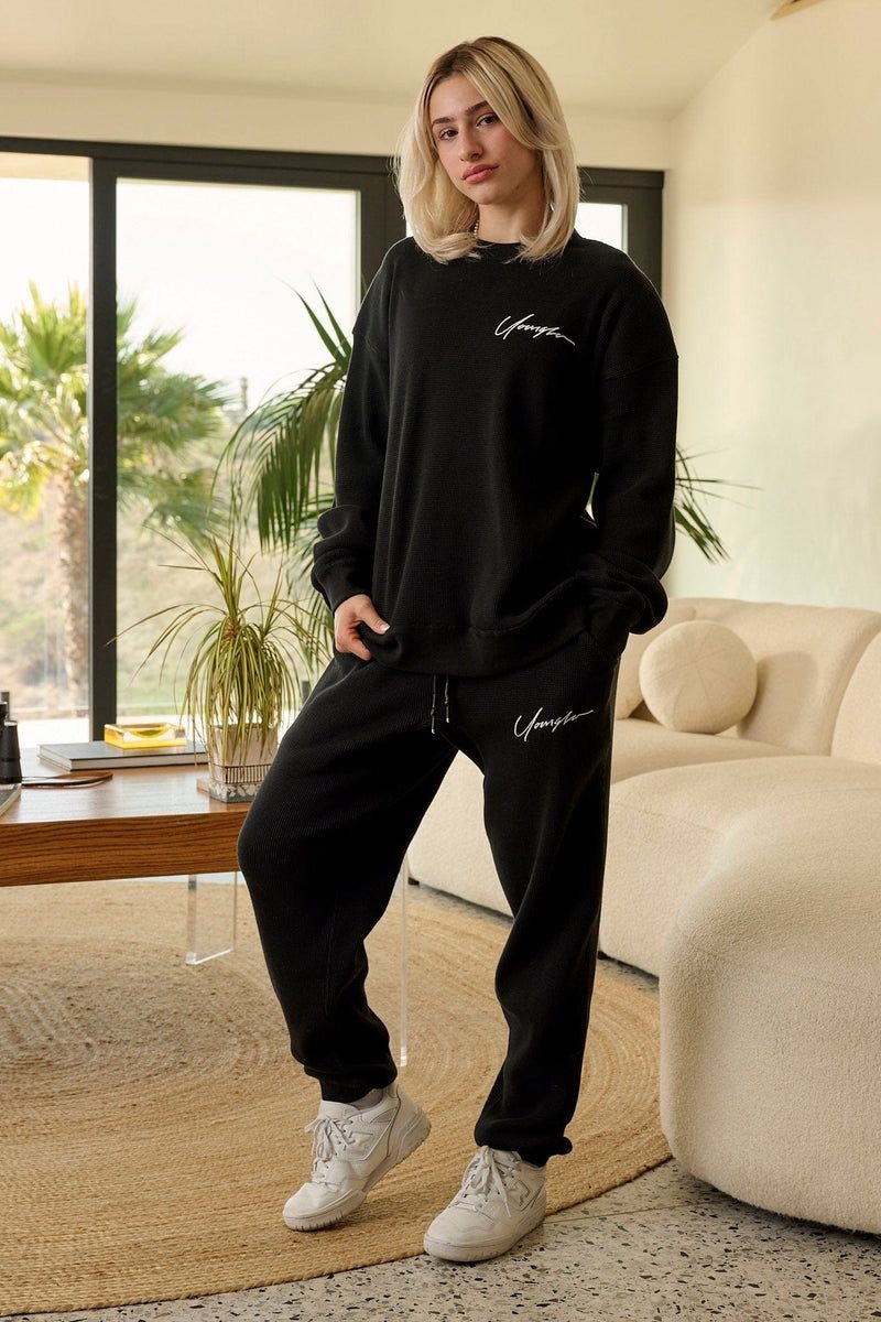 Men's YoungLA Gym 207 Cozy Thermal Joggers Joggers Black | SL6580-432 USA