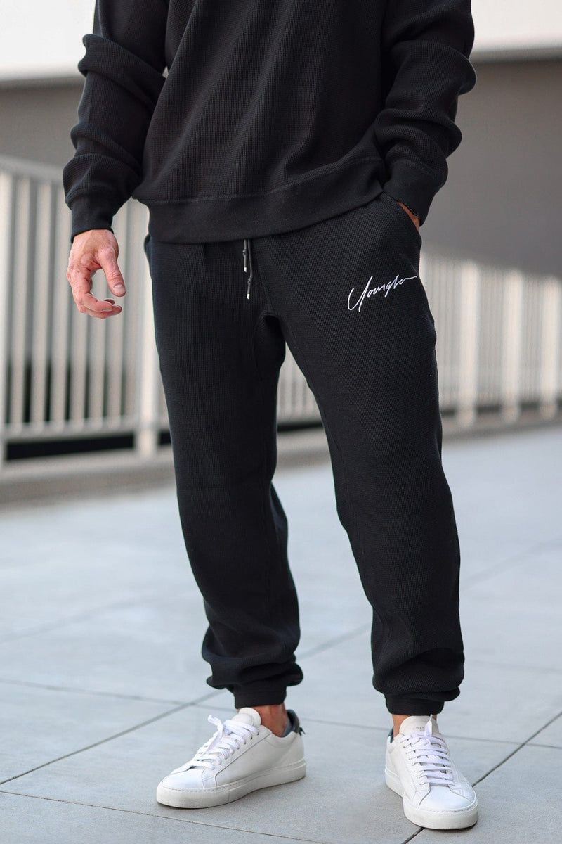 Men's YoungLA Gym 207 Cozy Thermal Joggers Joggers Black | SL6580-432 USA