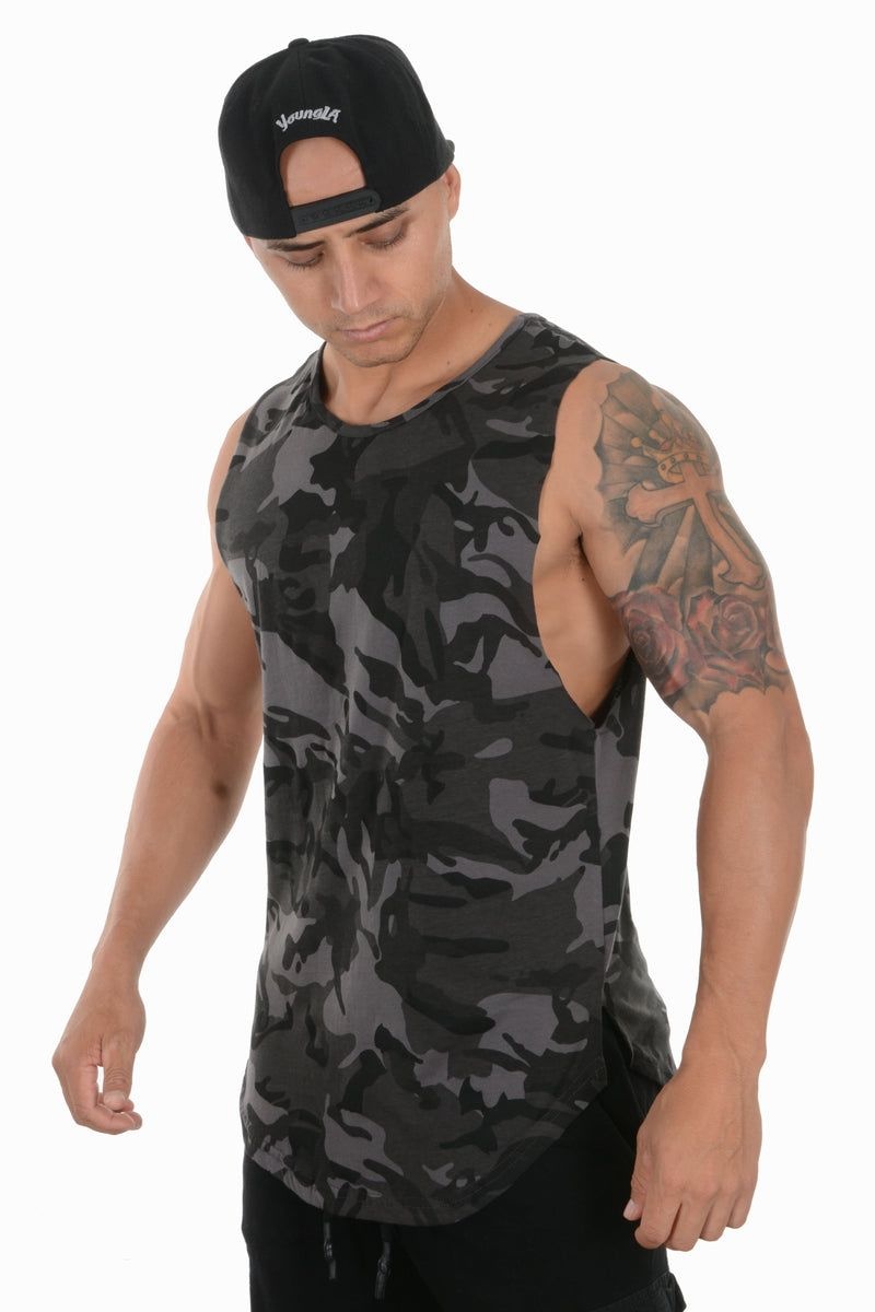 Men\'s YoungLA Gym 308 Muscle Tanks Tanks Camo Black | XU9125-640 USA