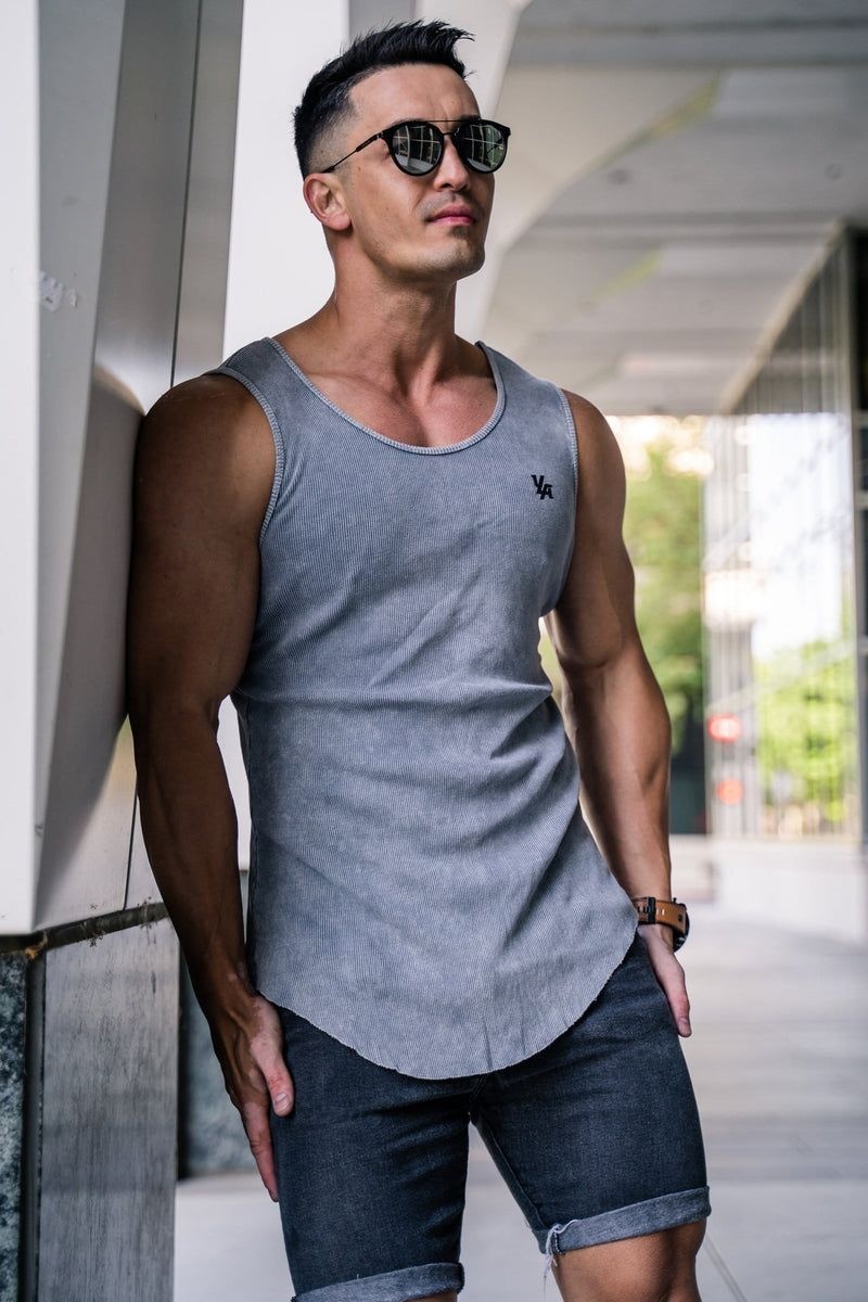 Men's YoungLA Gym 314 Scoop Bottom Ribbed Tank Tanks Grey Silver | MT6423-851 USA