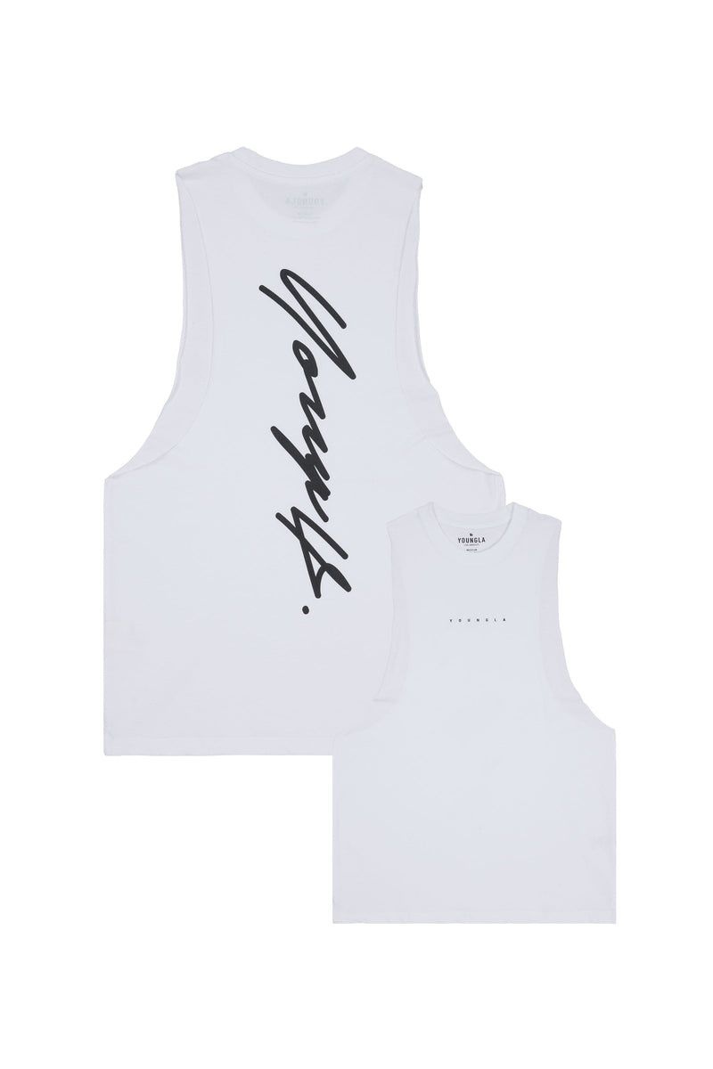 Men\'s YoungLA Gym 323 Autograph Delt Tanks Tanks White | OA7305-824 USA