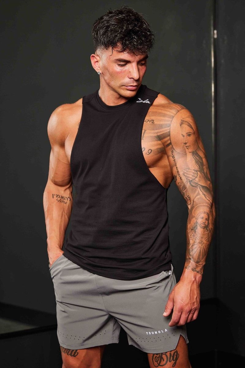 Men's YoungLA Gym 338 Offset Delt Tanks Tanks Black | ZY9641-238 USA