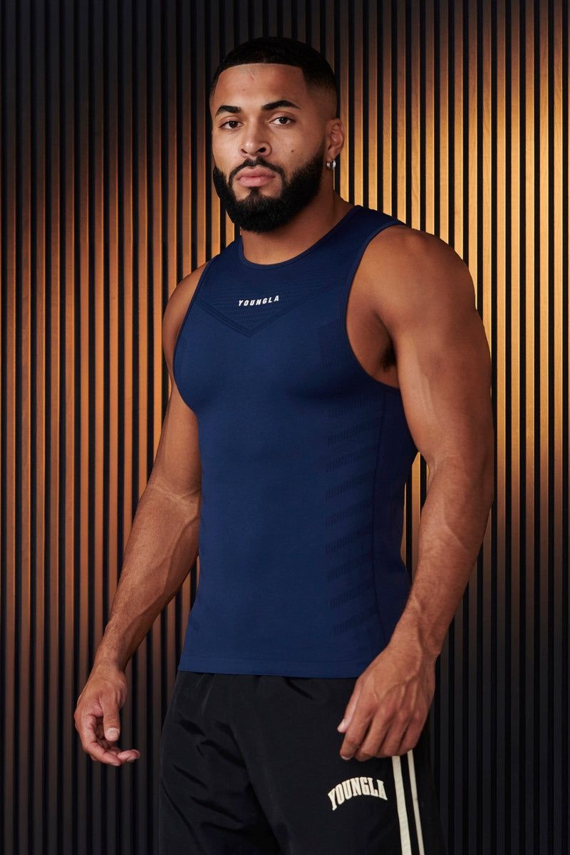 Men\'s YoungLA Gym 343 SuperVillain Compression Tanks Tanks Navy | HB0967-451 USA