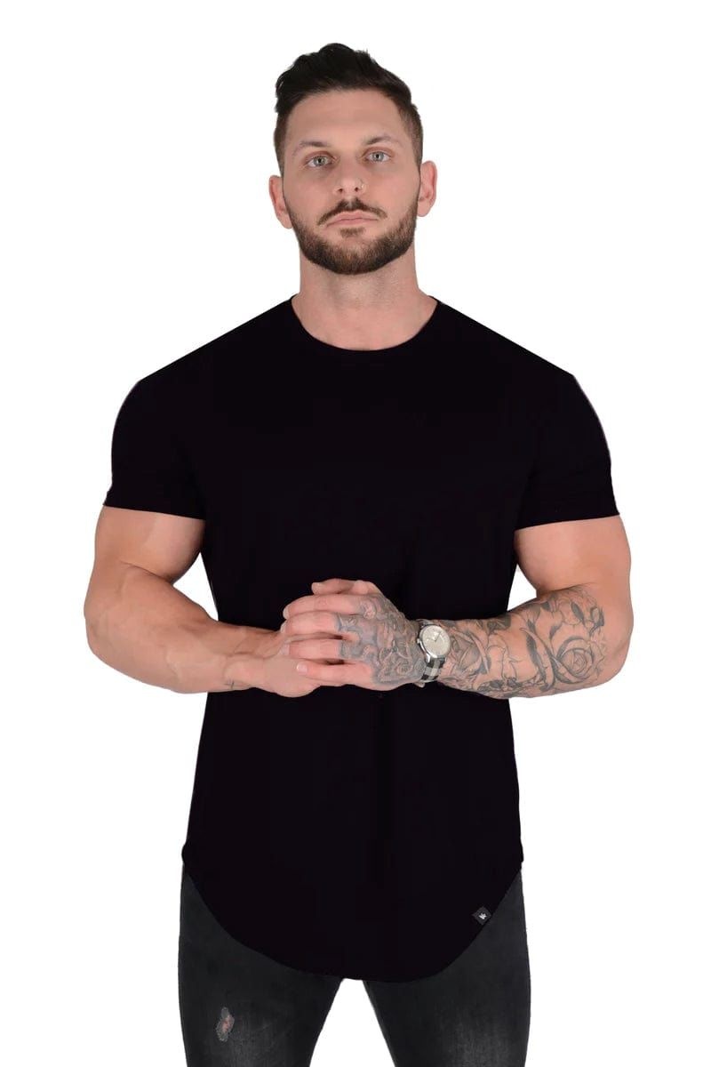 Men\'s YoungLA Gym 402 Perfect Shirt Scallop Bottom T Shirts Black | QR0841-936 USA