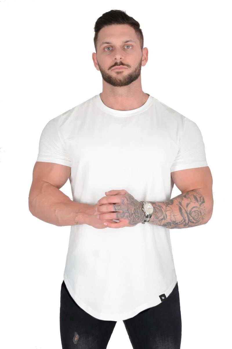 Men\'s YoungLA Gym 402 Perfect Shirt Scallop Bottom T Shirts White | KO6750-314 USA