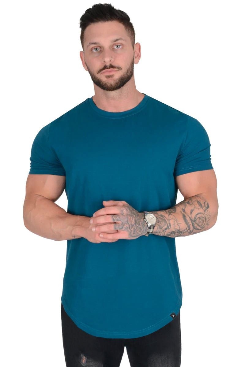 Men\'s YoungLA Gym 402 Perfect Shirt Scallop Bottom T Shirts Teal | RD8217-659 USA