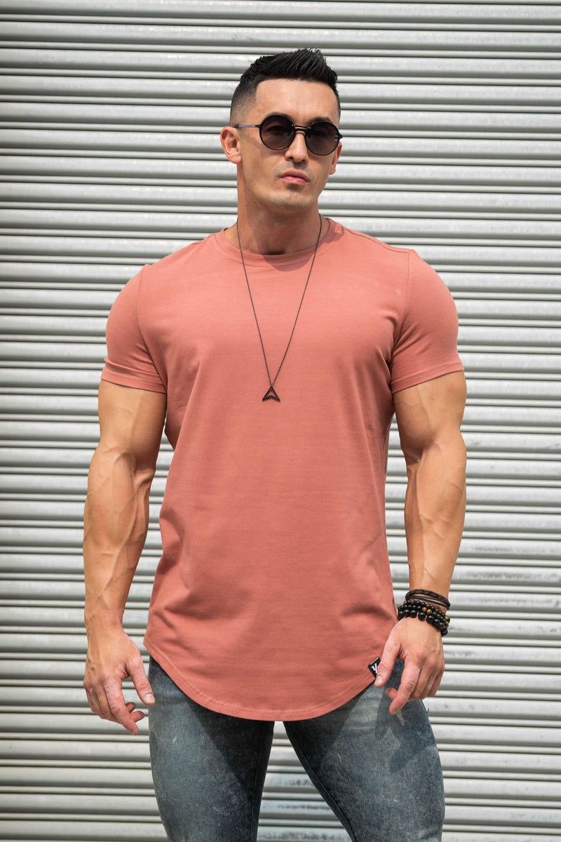 Men\'s YoungLA Gym 402 Perfect Shirt Scallop Bottom T Shirts Coral | SV9716-483 USA