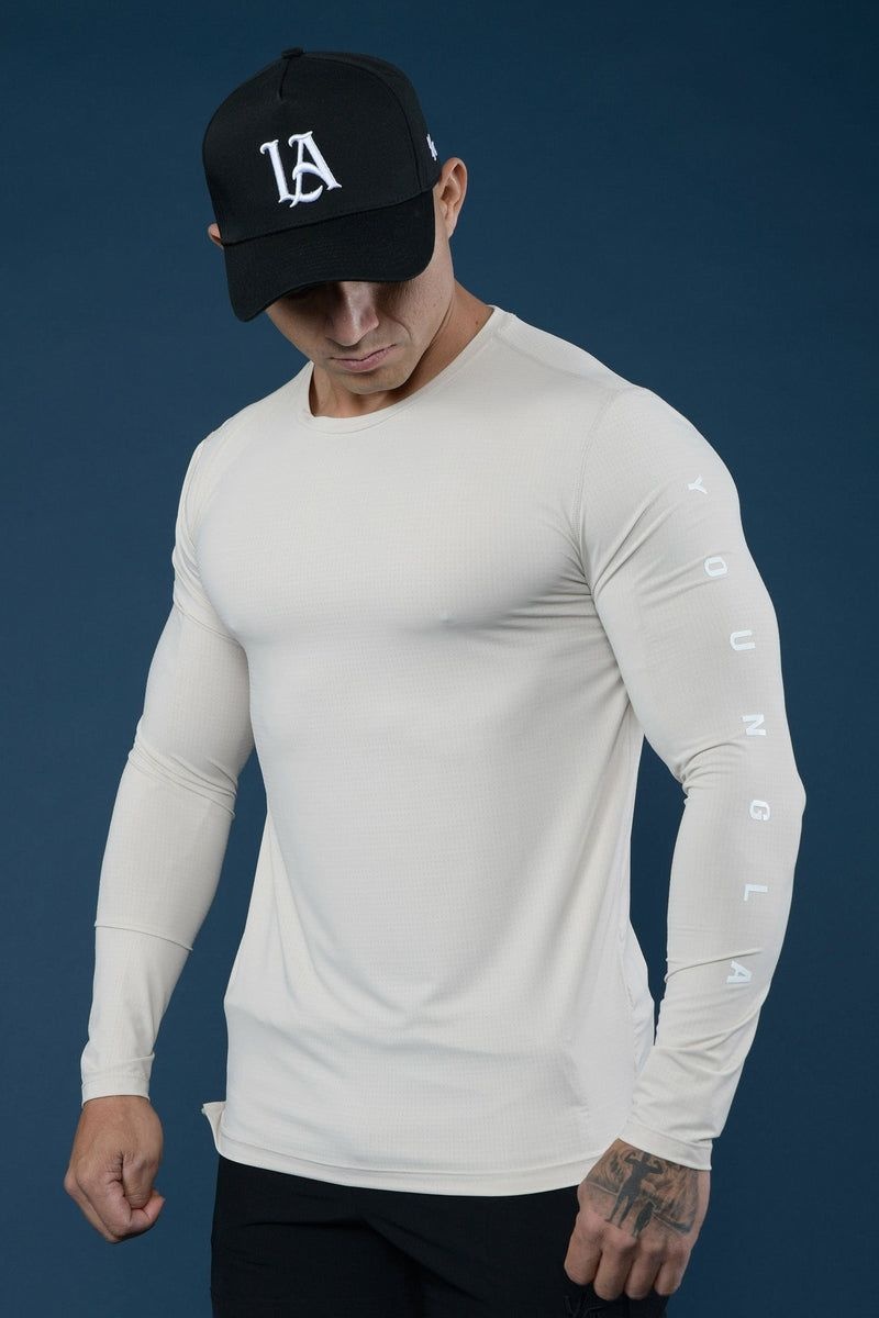 Men\'s YoungLA Gym 424 Zephyr Compression Long Sleeves Shirts Beige | PW9382-574 USA