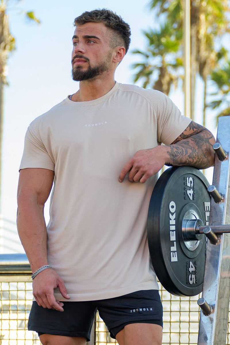 Men's YoungLA Gym 454 New Gen Compression Shirt T Shirts Beige | VX8145-290 USA