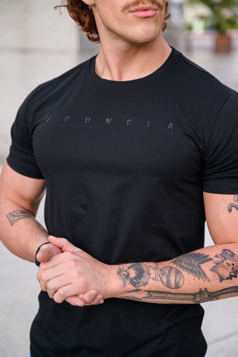 Men's YoungLA Gym 459 Monochrome Fitted Shirt T Shirts Black | NH4705-261 USA