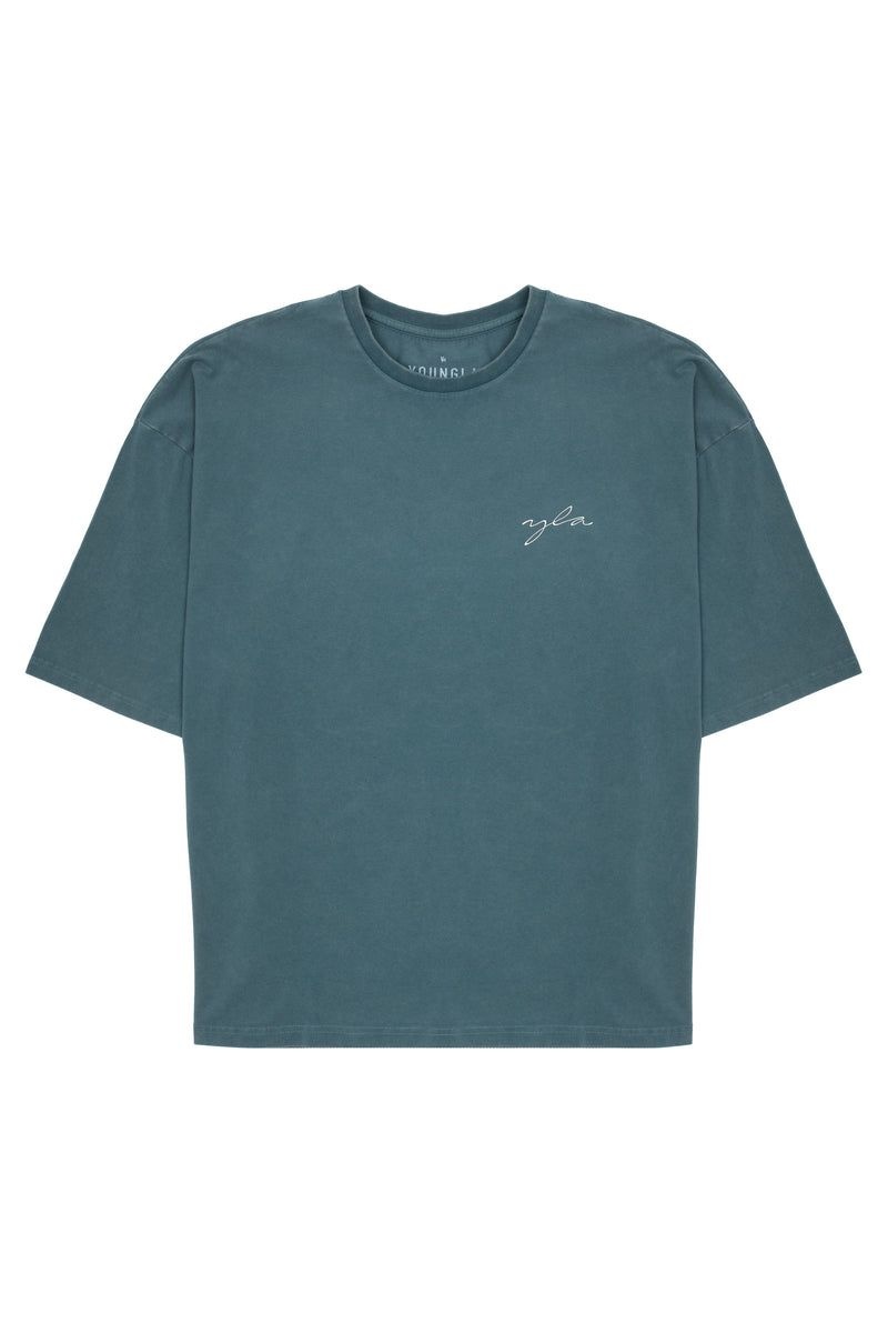 Men\'s YoungLA Gym 464 Skyline Super Sized Shirt T Shirts Teal Wash | ZM2349-860 USA