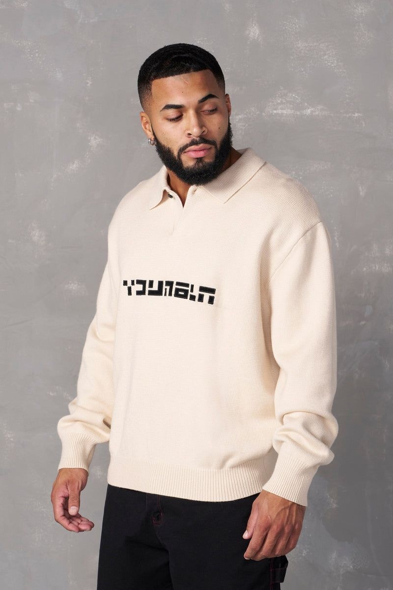 Men's YoungLA Gym 508 Knitted Polo Longsleeves Sweatshirts Beige | RT9270-514 USA