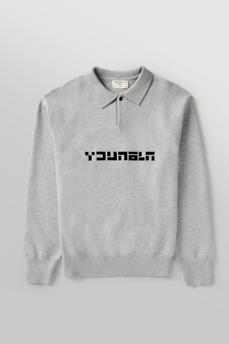 Men\'s YoungLA Gym 508 Knitted Polo Longsleeves Sweatshirts Heather Grey | CT6417-802 USA