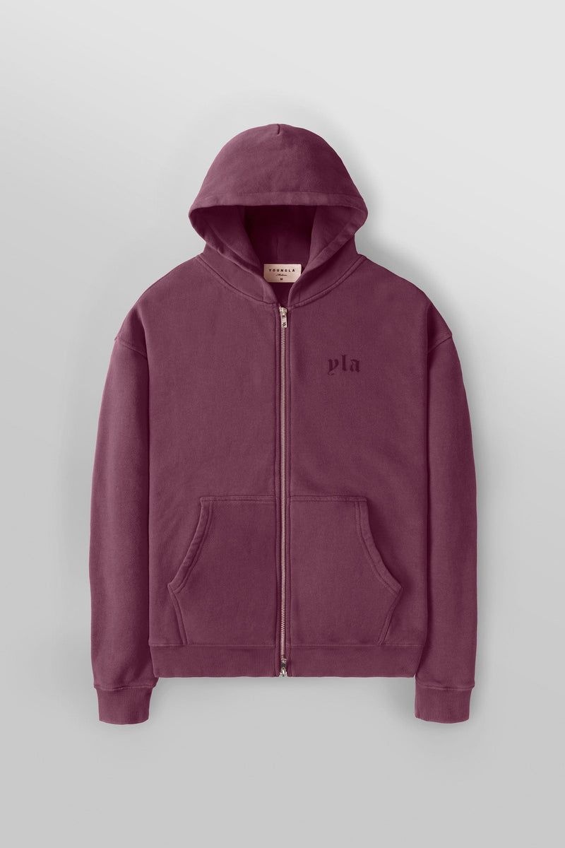 Men\'s YoungLA Gym 514 Monarch Zip-up Hoodie 2.0 Hoodies Plum Burgundy Wash | VO4025-198 USA