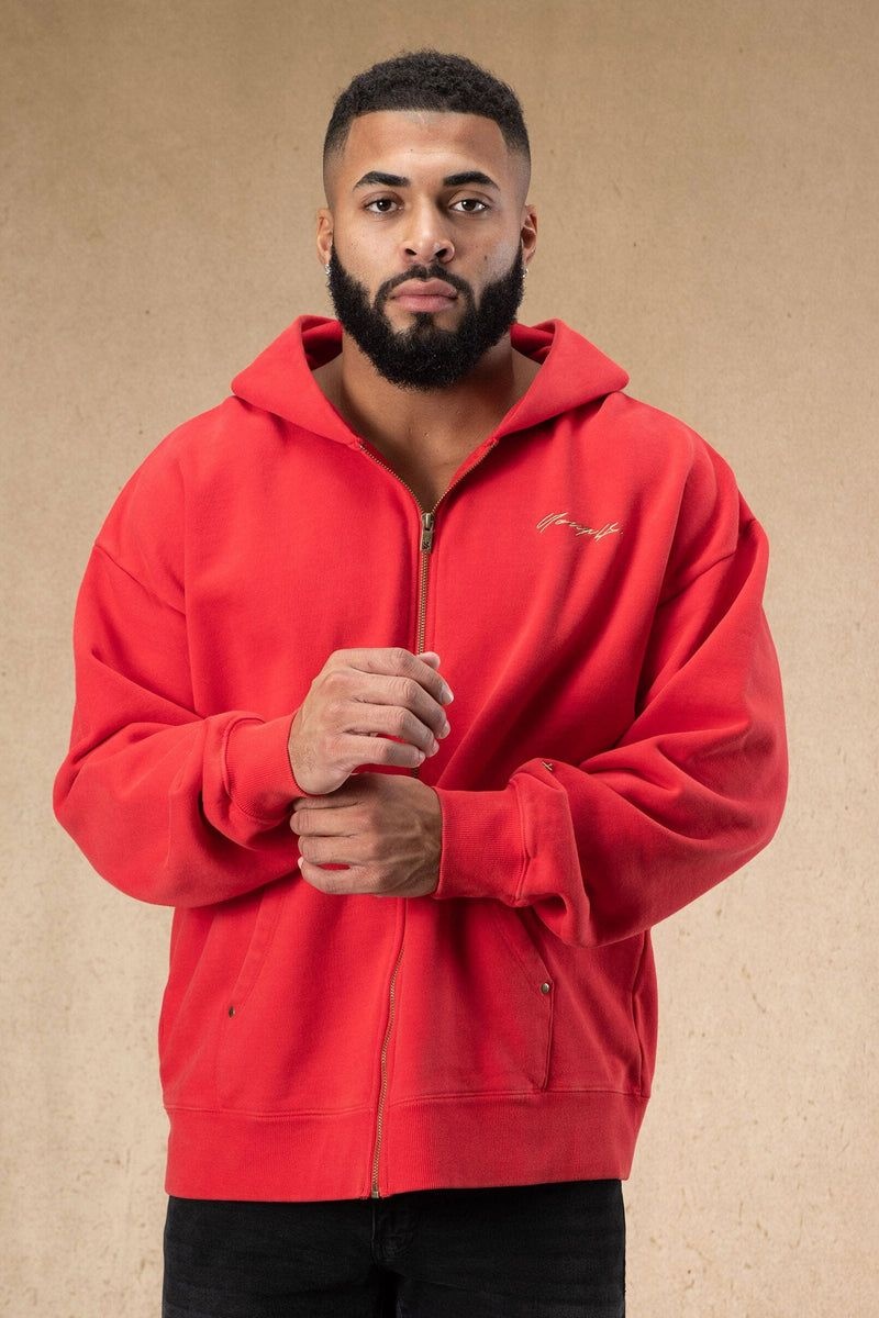 Men\'s YoungLA Gym 546 Rivet Zipup Hoodies Hoodies Red Wash | CL1826-503 USA