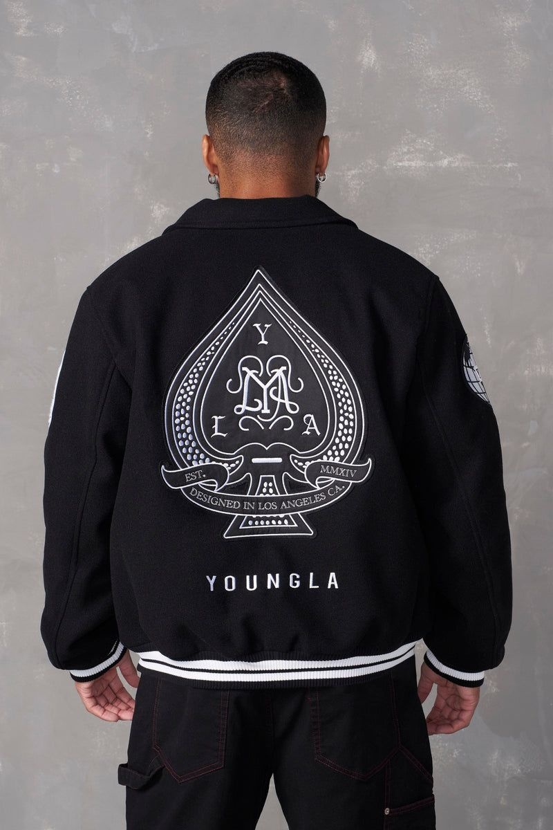 Men's YoungLA Gym 569 Ace of Spade Letterman Jackets Black | XZ9385-621 USA