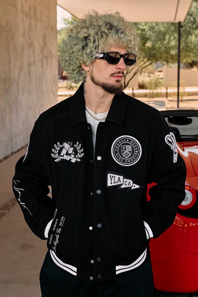 Men's YoungLA Gym 569 Ace of Spade Letterman Jackets Black | XZ9385-621 USA