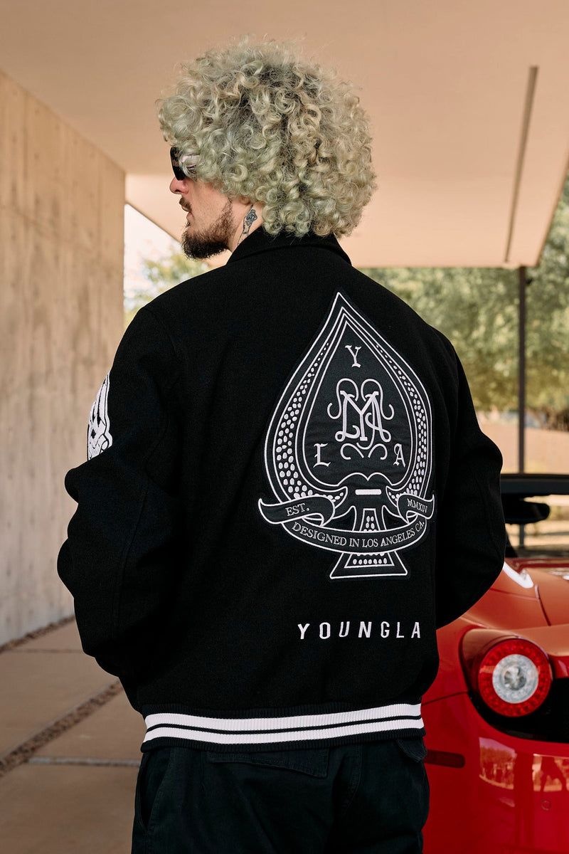 Men's YoungLA Gym 569 Ace of Spade Letterman Jackets Black | XZ9385-621 USA