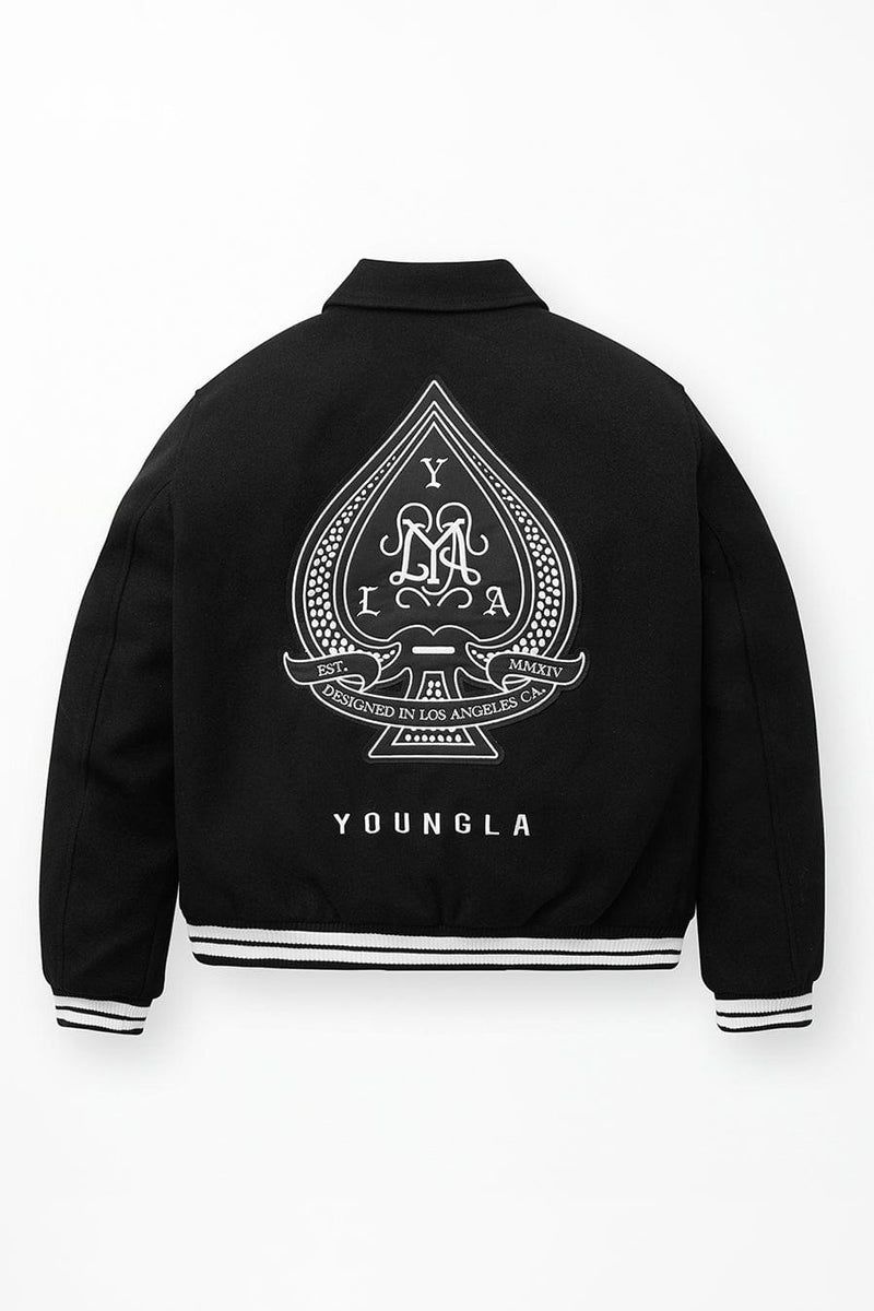 Men\'s YoungLA Gym 569 Ace of Spade Letterman Jackets Black | XZ9385-621 USA