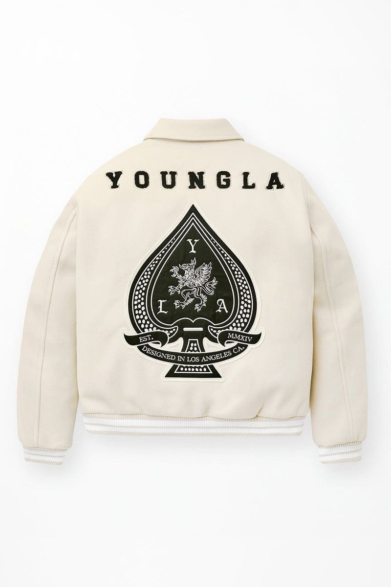 Men\'s YoungLA Gym 569 Ace of Spade Letterman Jackets Bone | IB8561-932 USA