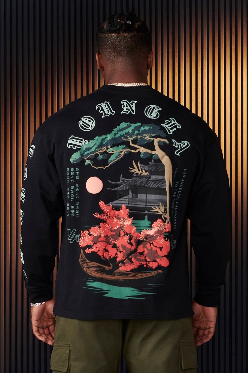 Men\'s YoungLA Gym 8038 Tokyo Longsleeves Shirts Black Bonsai Art | OK3274-689 USA