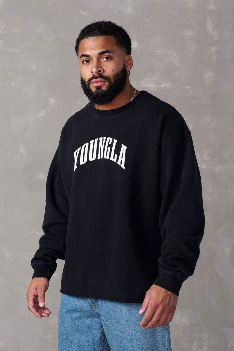 Men's YoungLA Gym 826 Uni Crewneck Shirts Black Wash | IB1370-296 USA