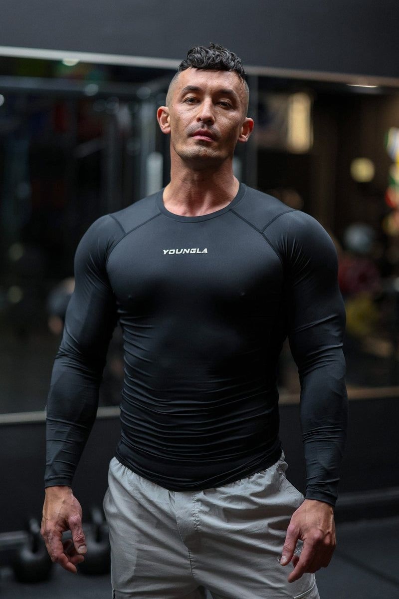 Men's YoungLA Gym 830 FlexFit Compression Longsleeves Shirts Black | GO6078-452 USA