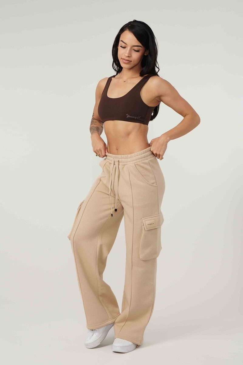 Women's YoungLA Gym W216 Cargo Fleece Joggers Pants Sandstone Beige | VY9682-543 USA