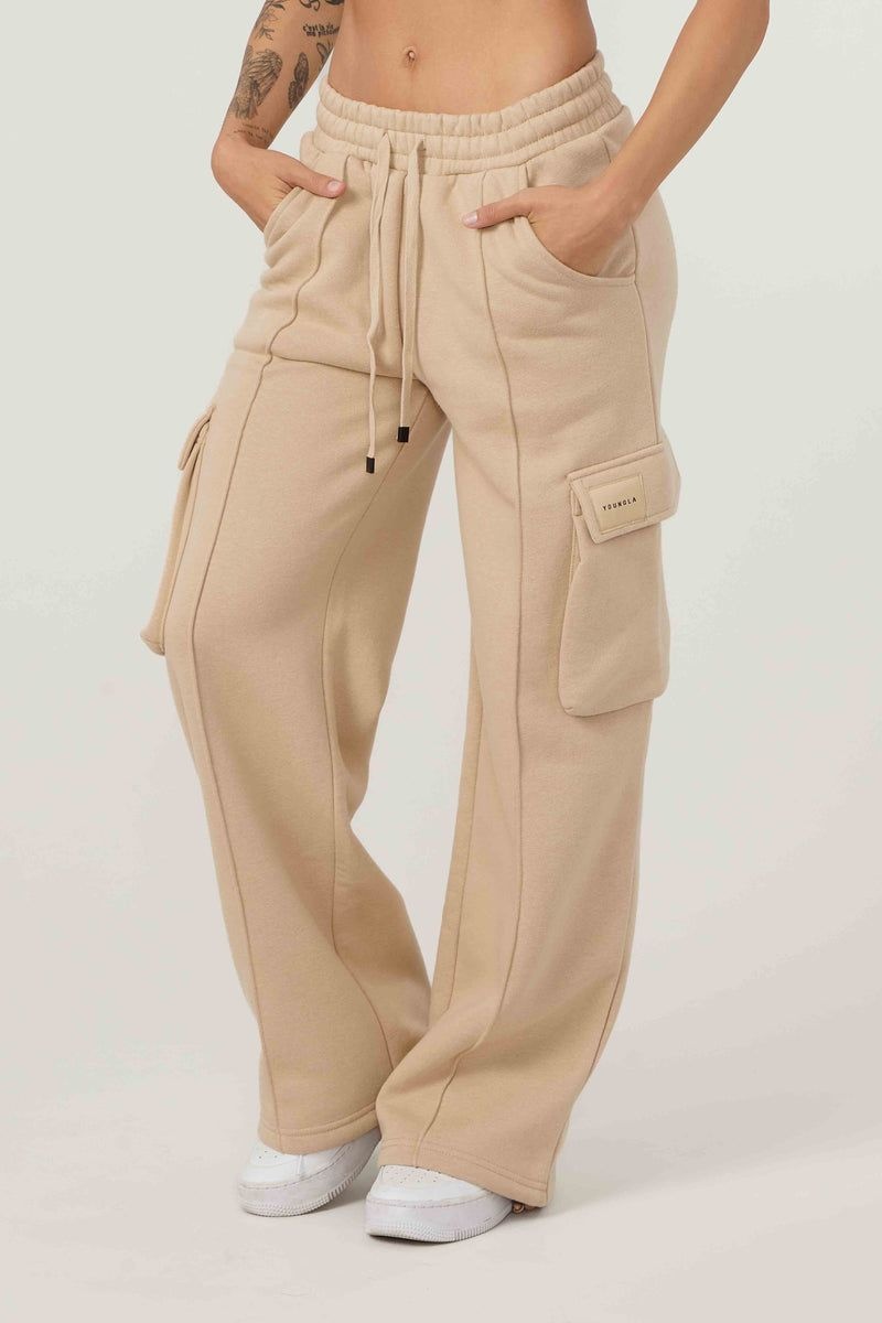 Women\'s YoungLA Gym W216 Cargo Fleece Joggers Pants Sandstone Beige | VY9682-543 USA