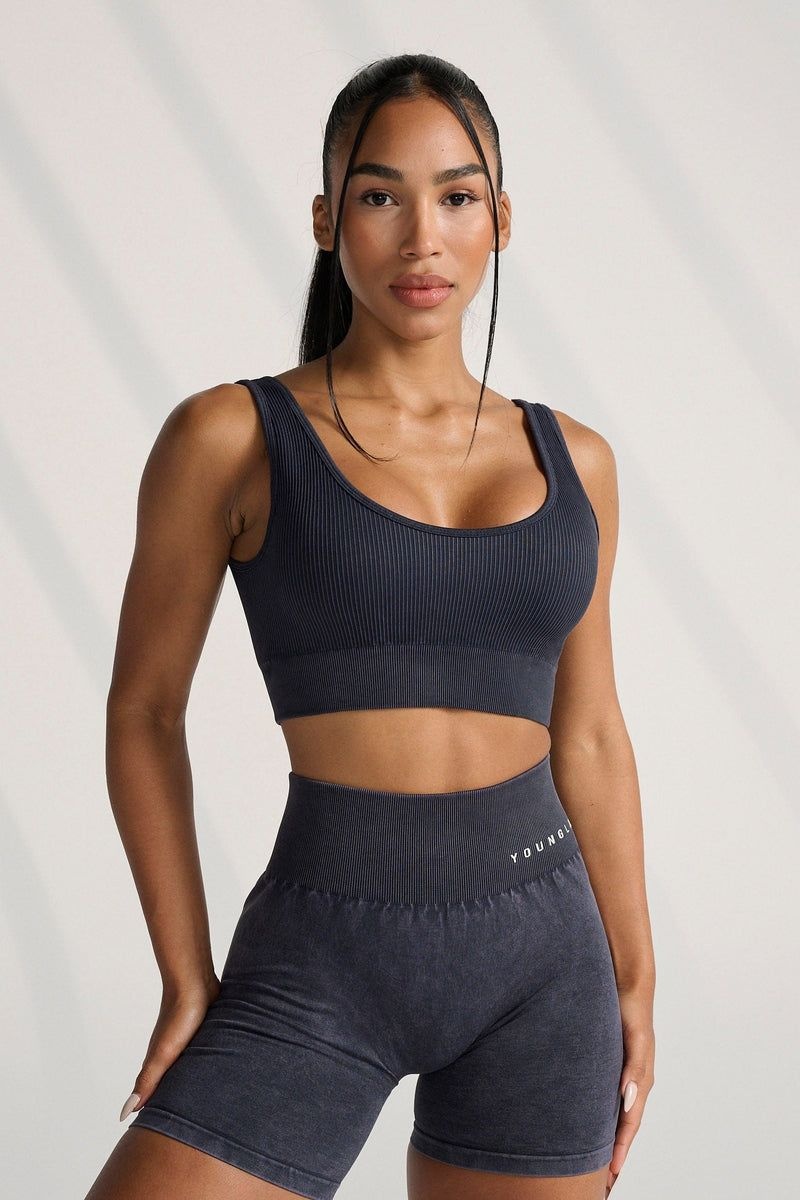 Women's YoungLA Gym W315 Carbon Ribbed Sports Bra Bras Black Wash | BR4186-935 USA