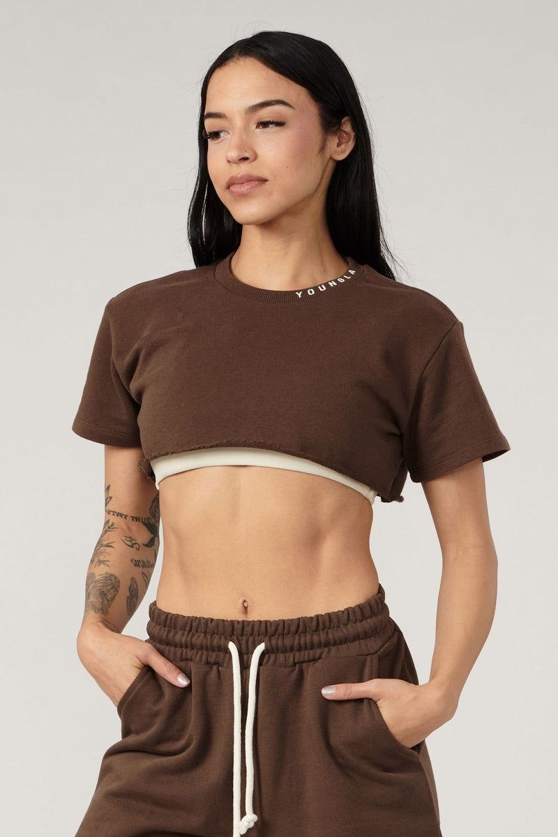 Women's YoungLA Gym W407 Super Cropped Shirt T Shirts Brown | OS5280-976 USA