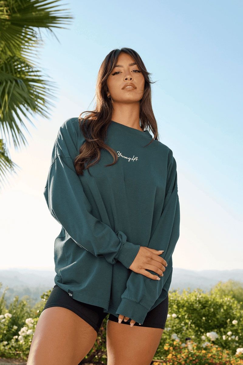 Women's YoungLA Gym W416 Retro Long Sleeve T Shirts Teal Wash | GP7049-856 USA