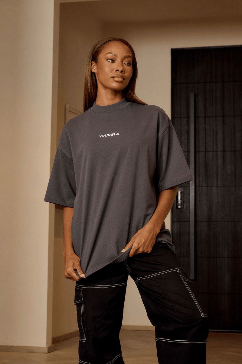 Women's YoungLA Gym W440 Digital Oversized Shirt T Shirts Black | LW2074-369 USA