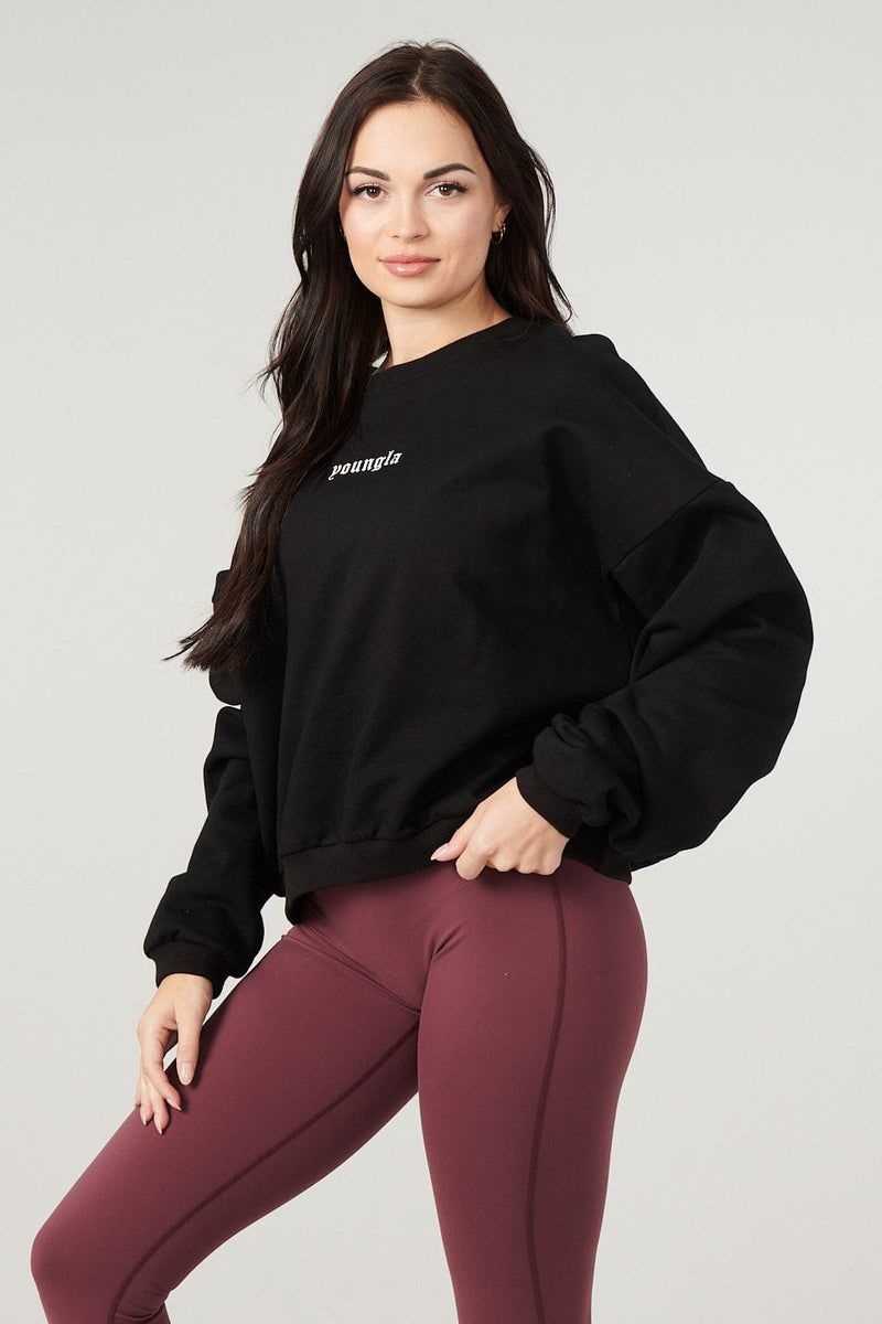 Women's YoungLA Gym W513 Willow Crewneck Sweatshirts Black Wash | MT5496-278 USA