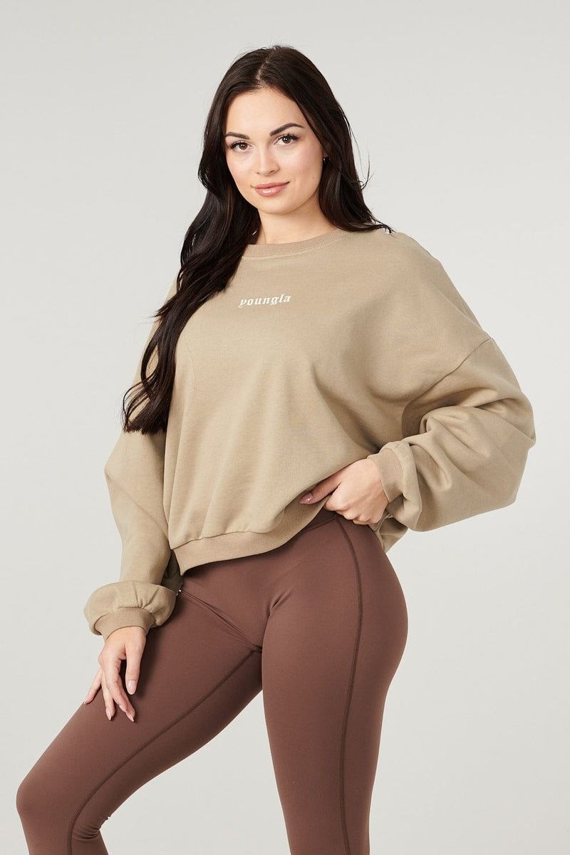 Women\'s YoungLA Gym W513 Willow Crewneck Sweatshirts Desert Olive | SA2519-068 USA